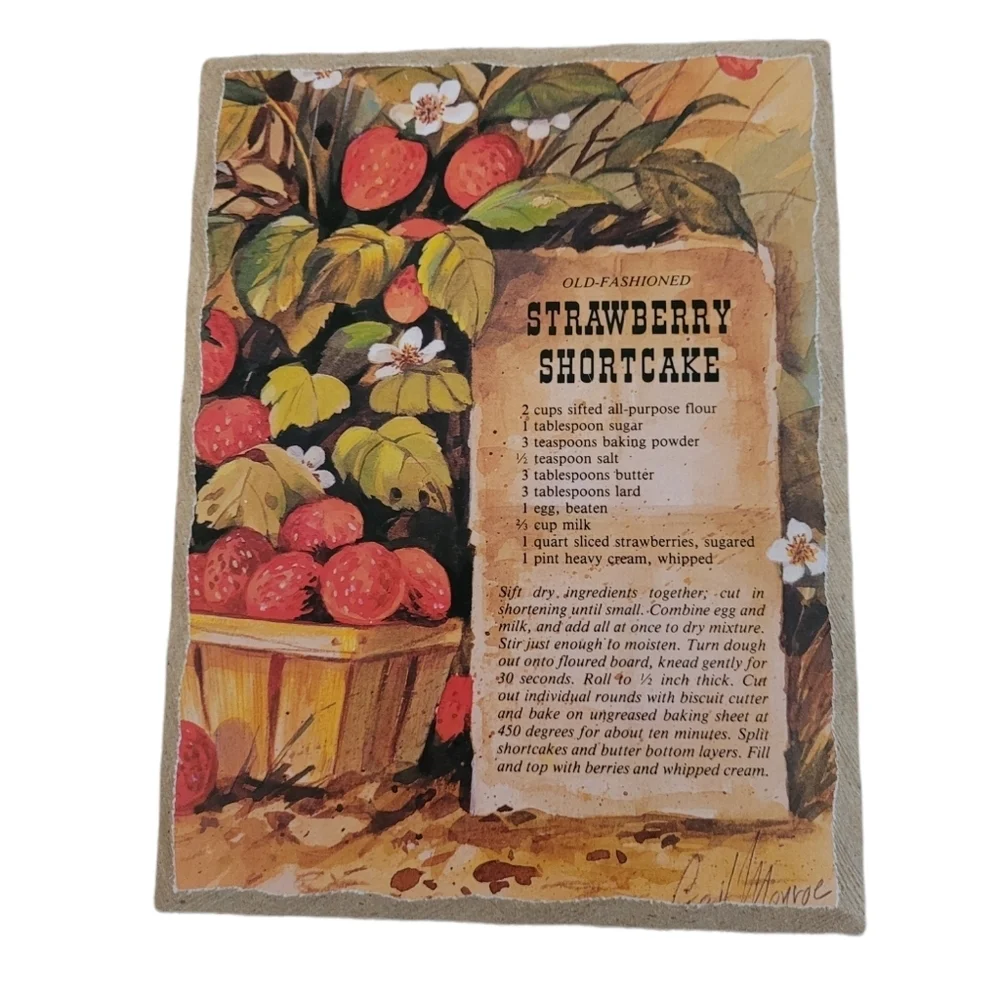 Vintage Gail Monroe Strawberry Shortcake & Cherry Duff Recipe Wall Plaques Set 2
